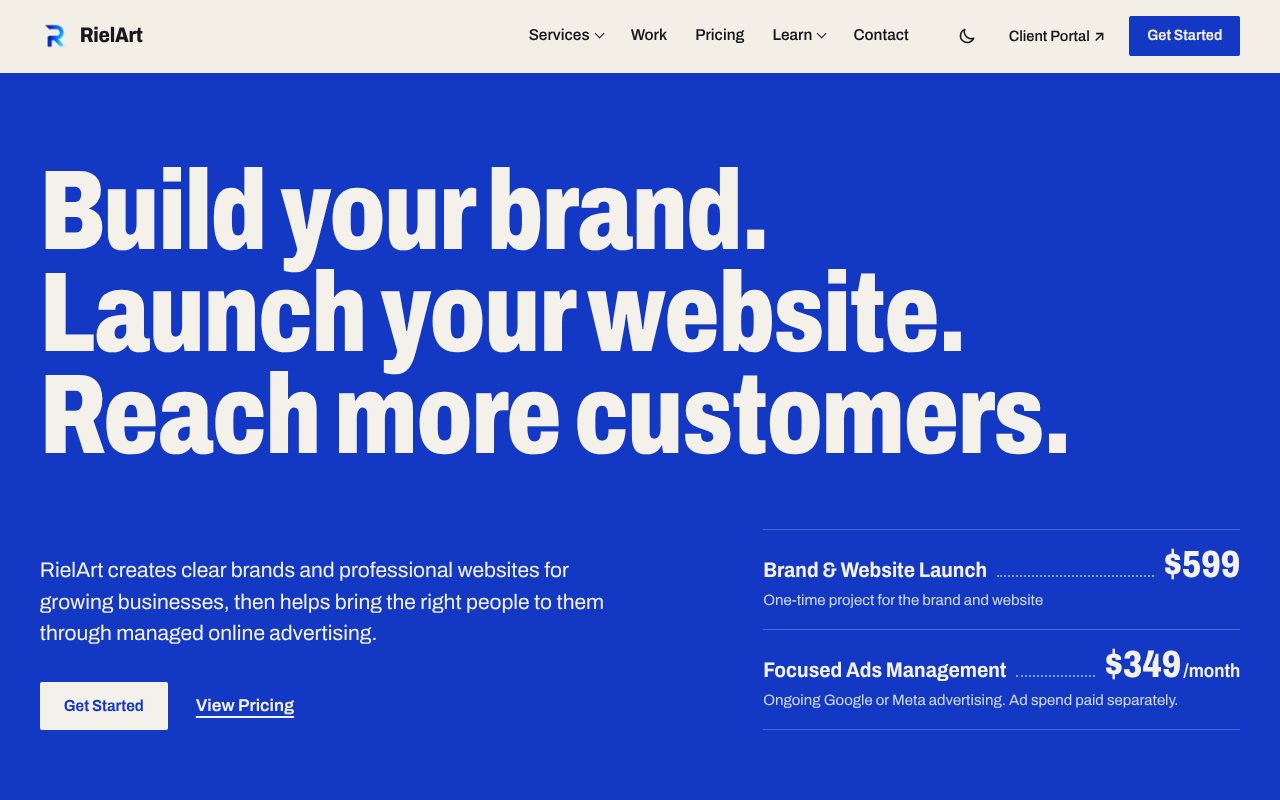 The RielArt homepage on a desktop screen, showing the headline Build your brand. Launch your website. Reach more customers. above the two services and their prices.