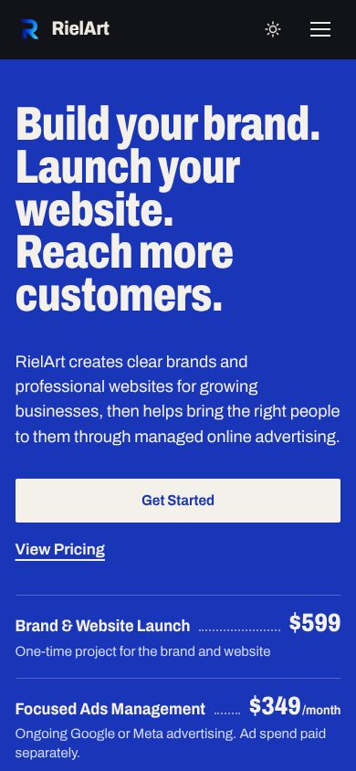 The RielArt homepage on a phone in dark mode.